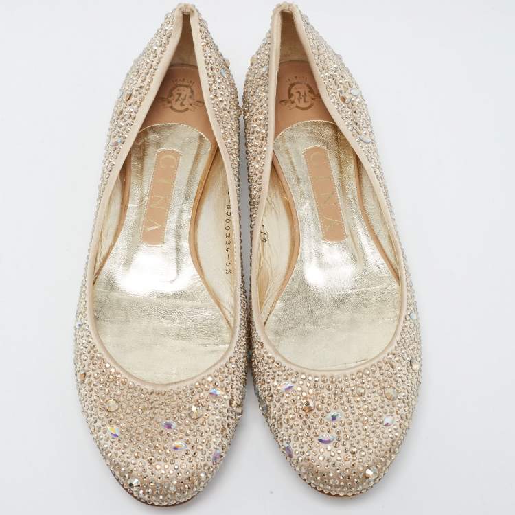 Pre Owned Gina Beige Satin And Crystal Embellished Ballet Flats Size 38.5