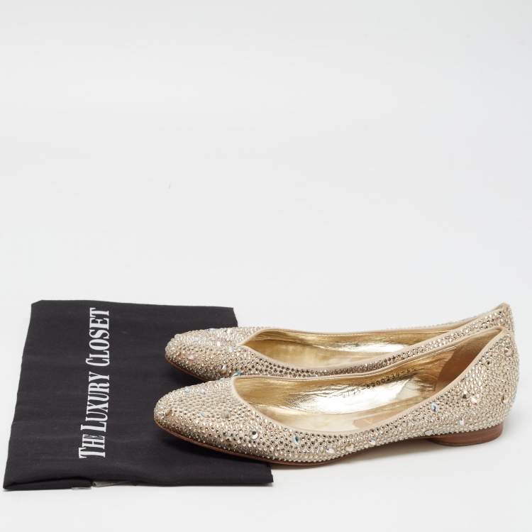Pre Owned Gina Beige Satin And Crystal Embellished Ballet Flats Size 38.5