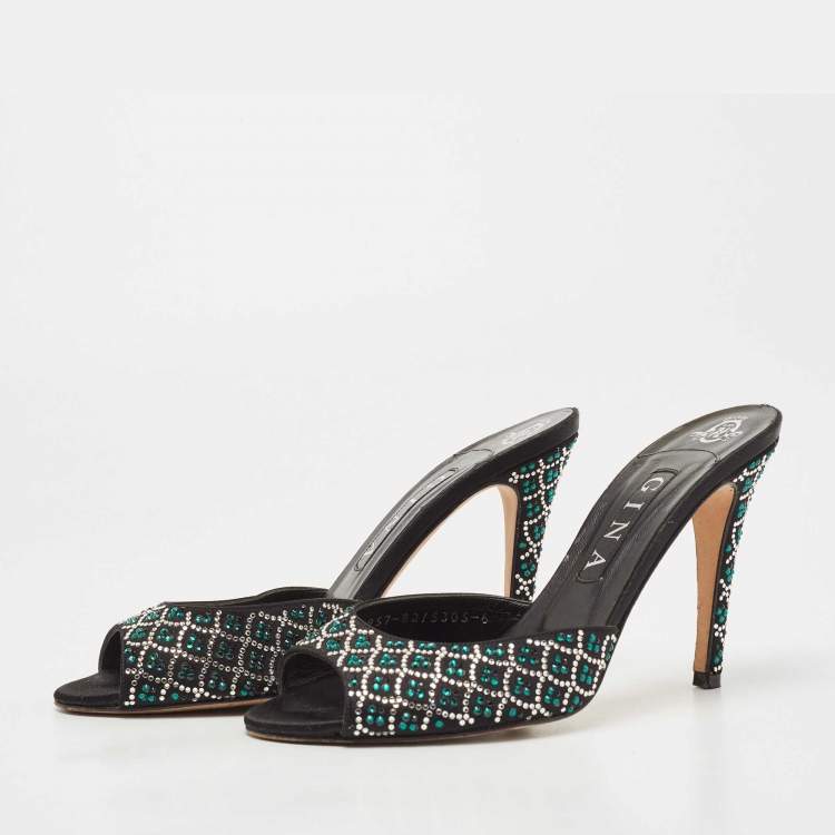 Pre Owned Gina Black Black Suede Crystal Embellished Slide Sandals Size 39