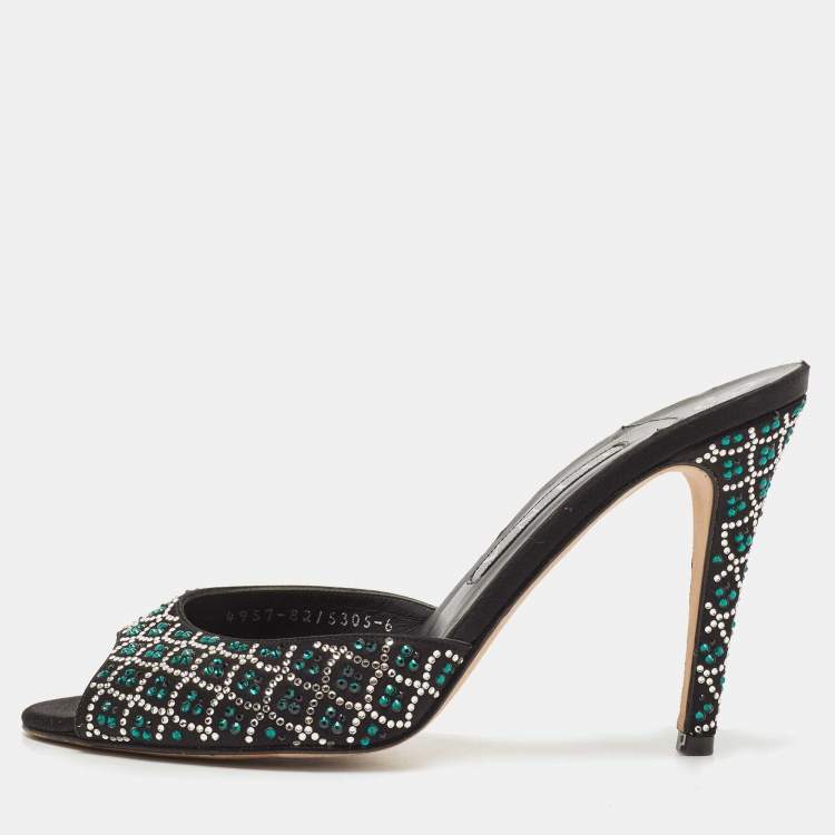 Pre Owned Gina Black Black Suede Crystal Embellished Slide Sandals Size 39