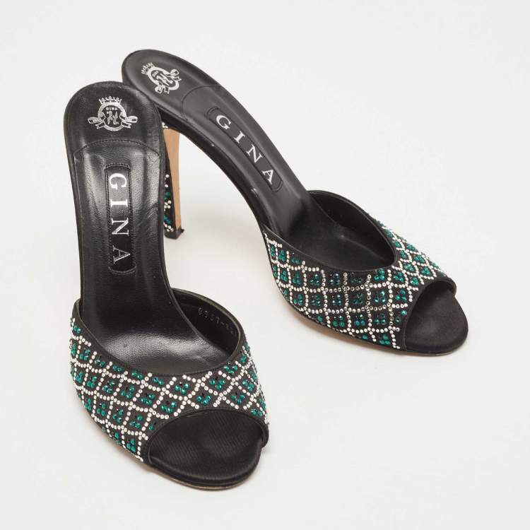 Pre Owned Gina Black Black Suede Crystal Embellished Slide Sandals Size 39