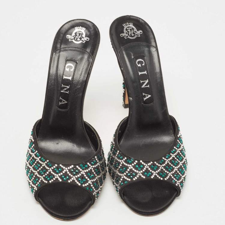Pre Owned Gina Black Black Suede Crystal Embellished Slide Sandals Size 39