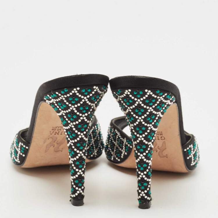 Pre Owned Gina Black Black Suede Crystal Embellished Slide Sandals Size 39