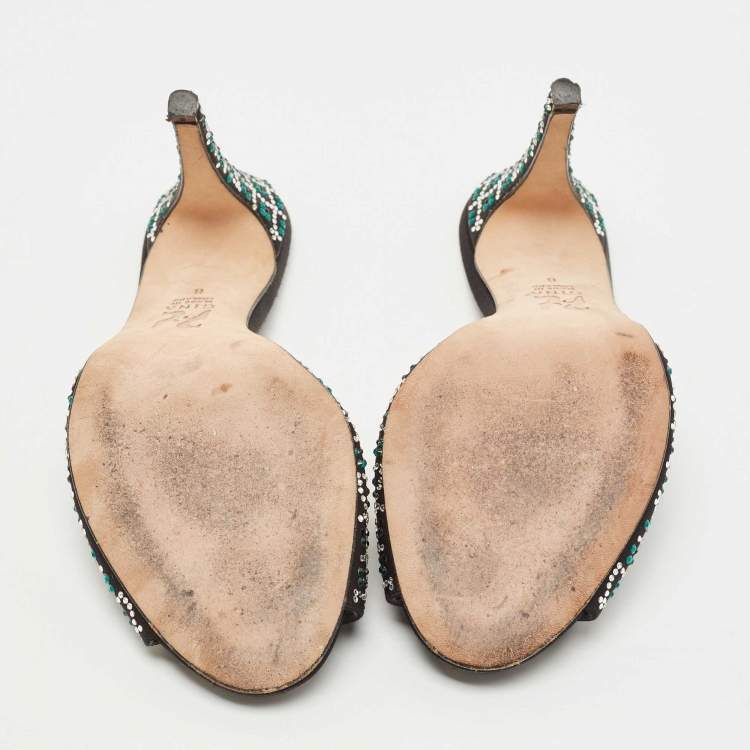 Pre Owned Gina Black Black Suede Crystal Embellished Slide Sandals Size 39