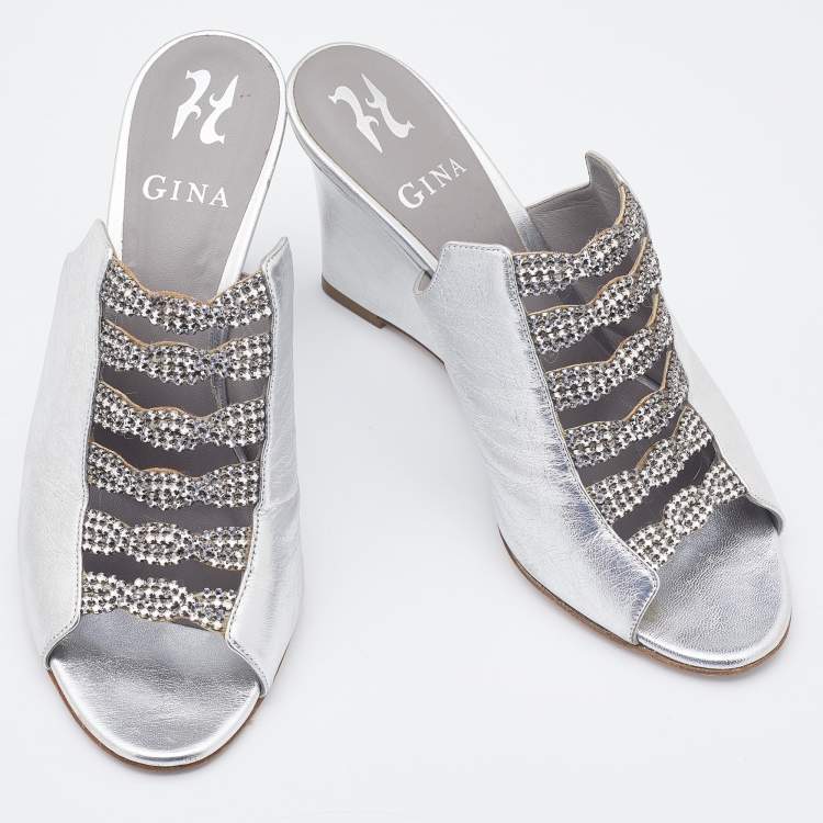 Pre Owned Gina Silver Leather Crystal Embellished Wedge Sandals Size 39
