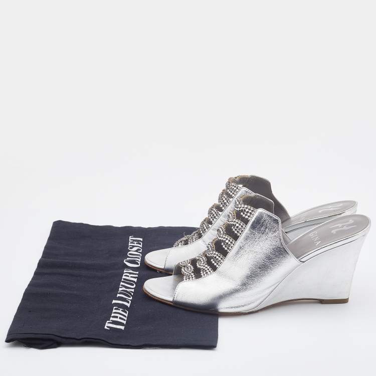 Pre Owned Gina Silver Leather Crystal Embellished Wedge Sandals Size 39