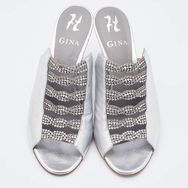 Pre Owned Gina Silver Leather Crystal Embellished Wedge Sandals Size 39