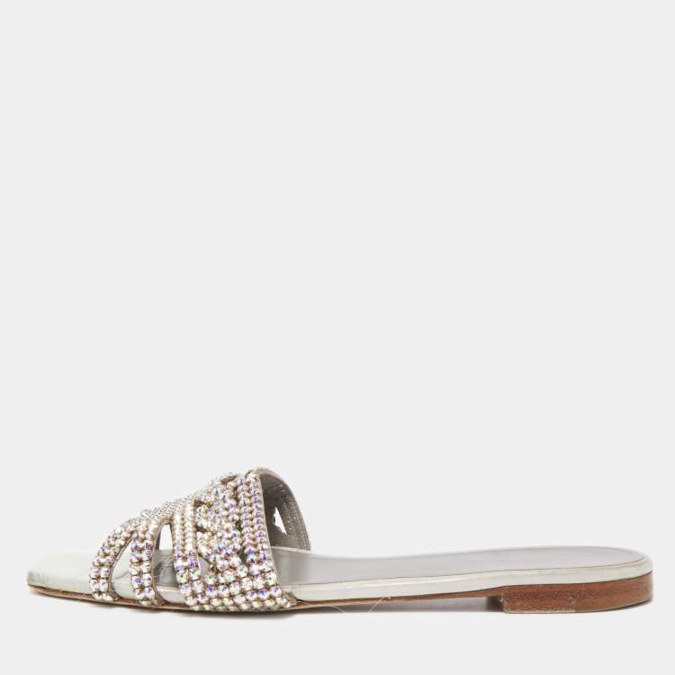 Pre Owned Gina Silver Croc Embossed Crystal Embellished Leather Flat Slides Size 39.5  