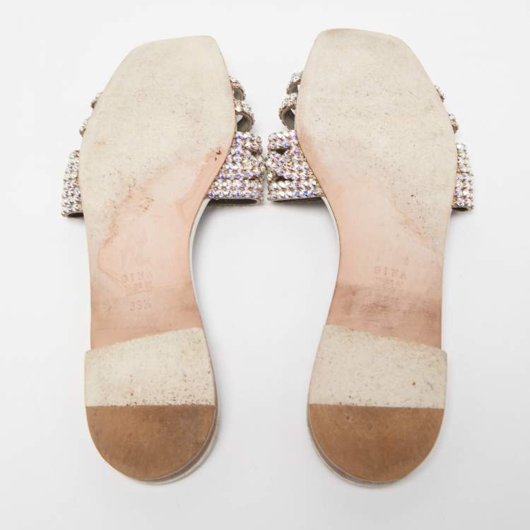 Pre Owned Gina Silver Croc Embossed Crystal Embellished Leather Flat Slides Size 39.5  