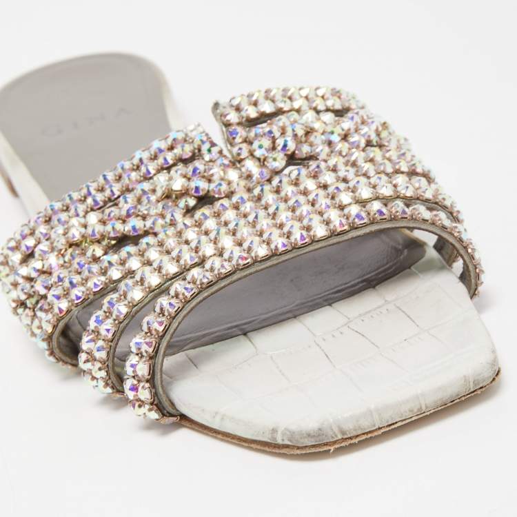 Pre Owned Gina Silver Croc Embossed Crystal Embellished Leather Flat Slides Size 39.5  