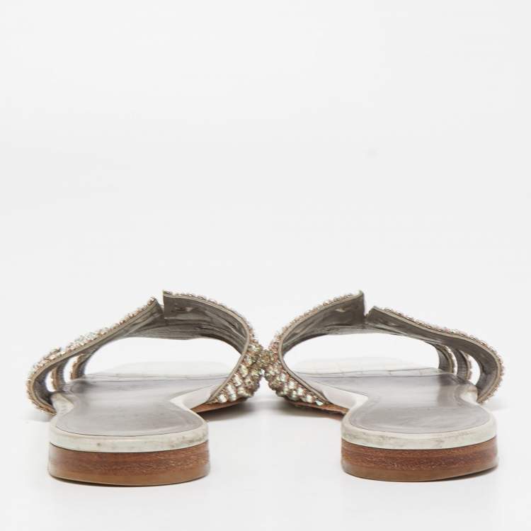 Pre Owned Gina Silver Croc Embossed Crystal Embellished Leather Flat Slides Size 39.5  