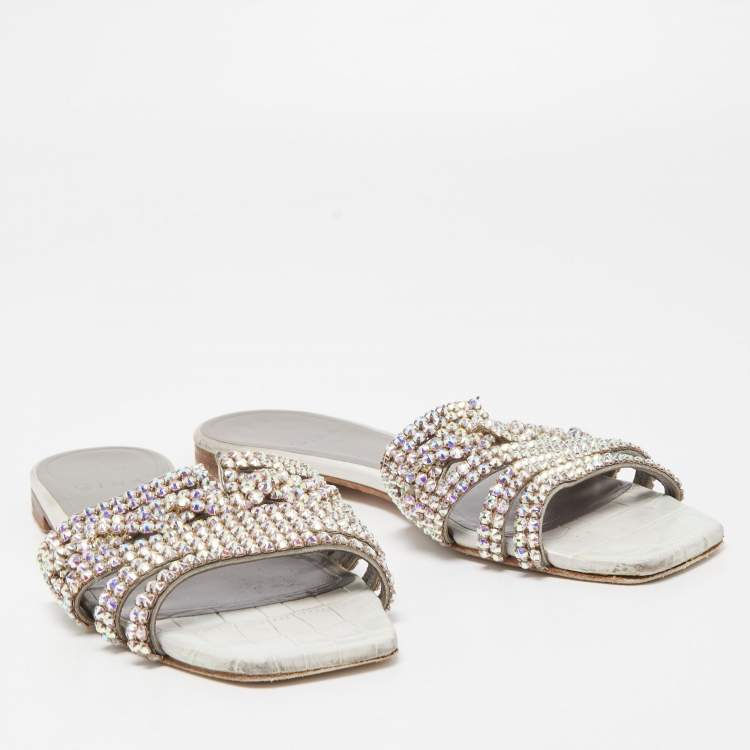 Pre Owned Gina Silver Croc Embossed Crystal Embellished Leather Flat Slides Size 39.5  
