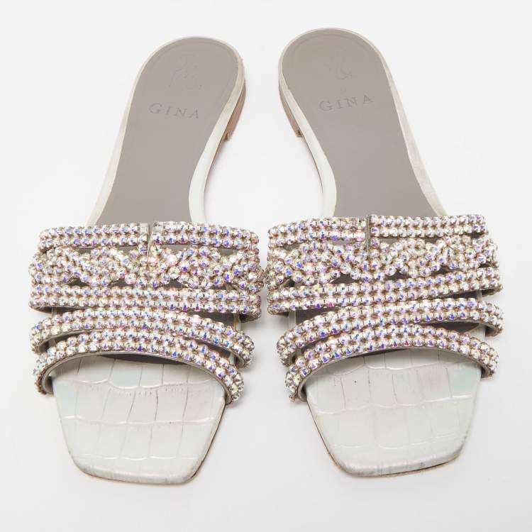Pre Owned Gina Silver Croc Embossed Crystal Embellished Leather Flat Slides Size 39.5  