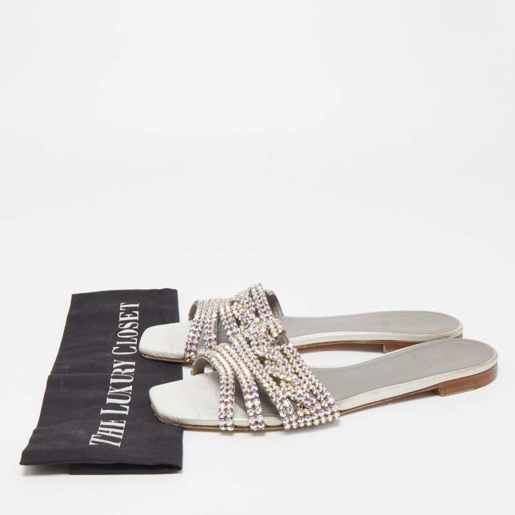 Pre Owned Gina Silver Croc Embossed Crystal Embellished Leather Flat Slides Size 39.5  