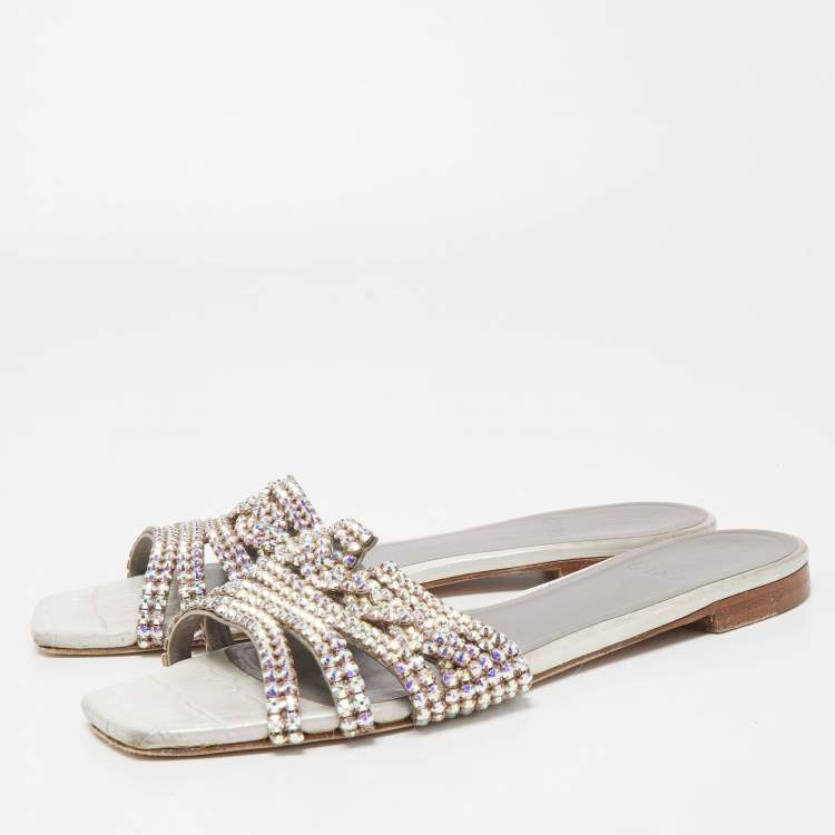 Pre Owned Gina Silver Croc Embossed Crystal Embellished Leather Flat Slides Size 39.5  