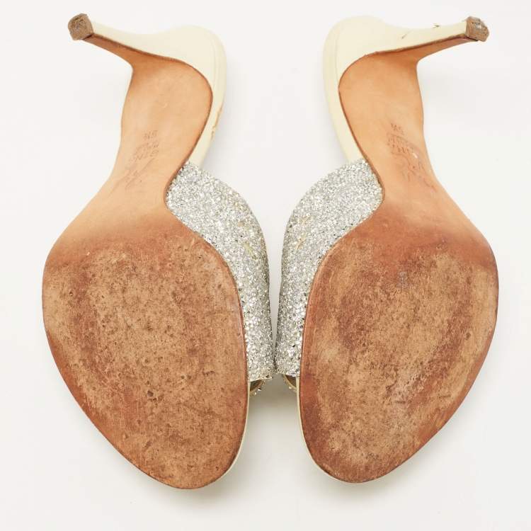 Pre Owned Gina Silver/Light Yellow Crystal Embellished Leather Slide Sandals Size 38.5