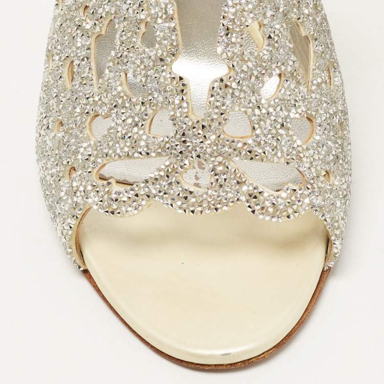 Pre Owned Gina Silver/Light Yellow Crystal Embellished Leather Slide Sandals Size 38.5