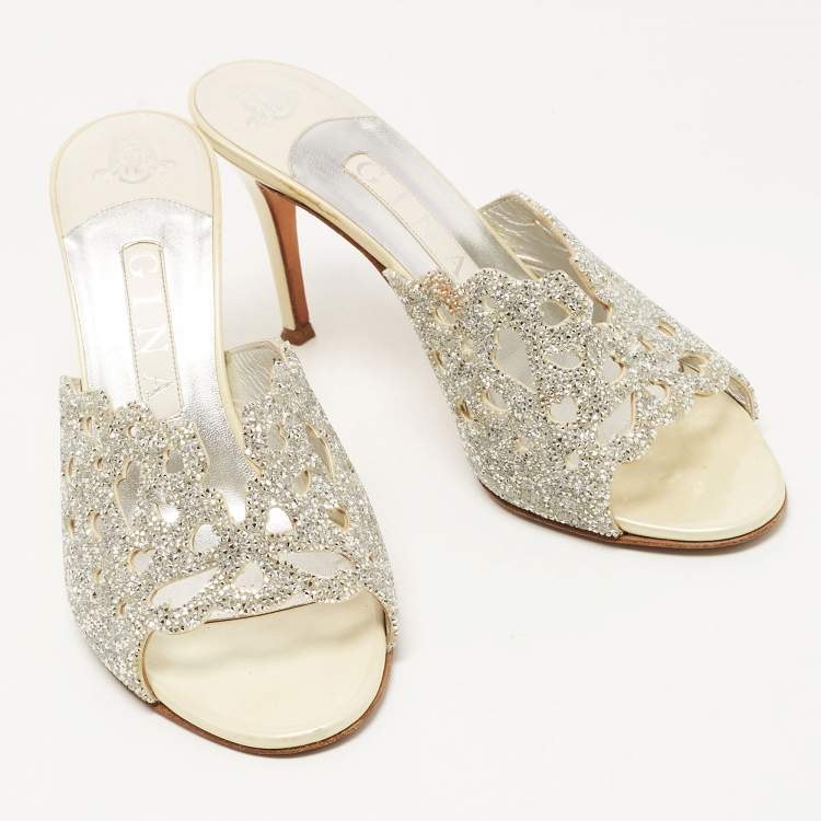 Pre Owned Gina Silver/Light Yellow Crystal Embellished Leather Slide Sandals Size 38.5