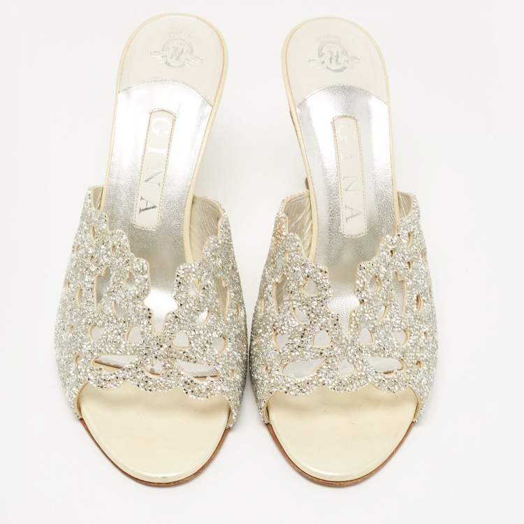 Pre Owned Gina Silver/Light Yellow Crystal Embellished Leather Slide Sandals Size 38.5