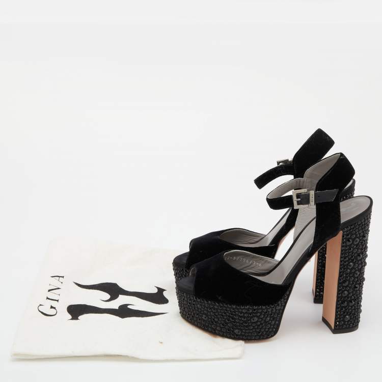 Pre Owned Gina Black Crystal Embellished Velvet Block Heel Sandals Size 41