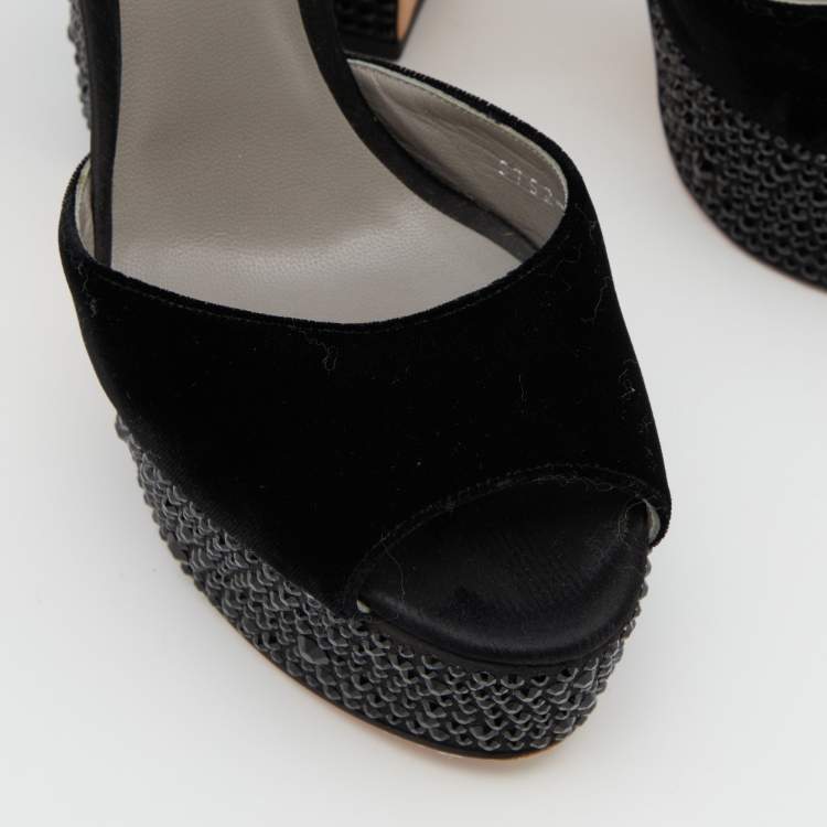 Pre Owned Gina Black Crystal Embellished Velvet Block Heel Sandals Size 41
