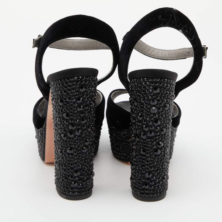 Pre Owned Gina Black Crystal Embellished Velvet Block Heel Sandals Size 41