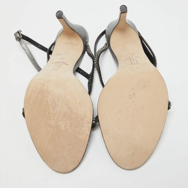 Pre Owned Gina Metallic Grey Leather Crystal Embellished Slingback Sandals Size 39.5