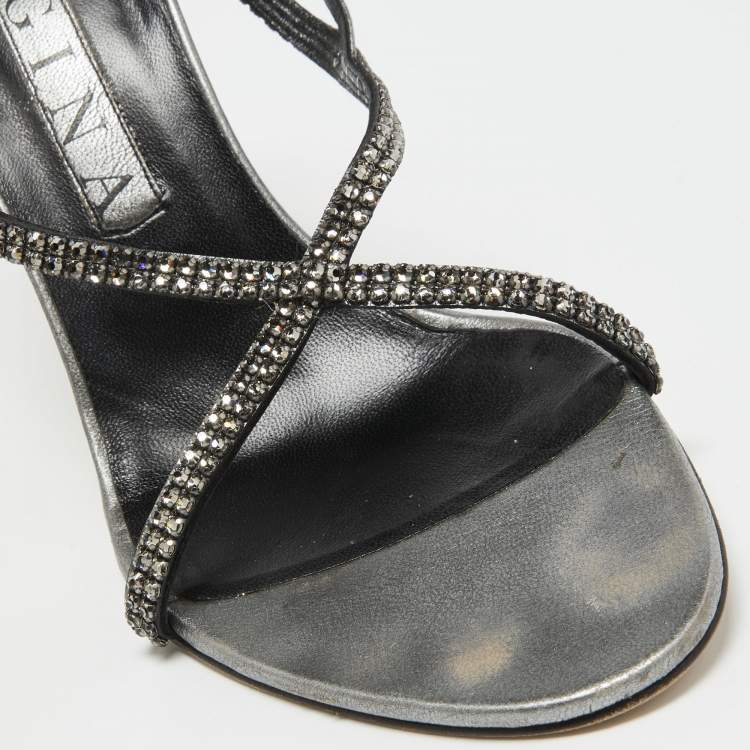 Pre Owned Gina Metallic Grey Leather Crystal Embellished Slingback Sandals Size 39.5