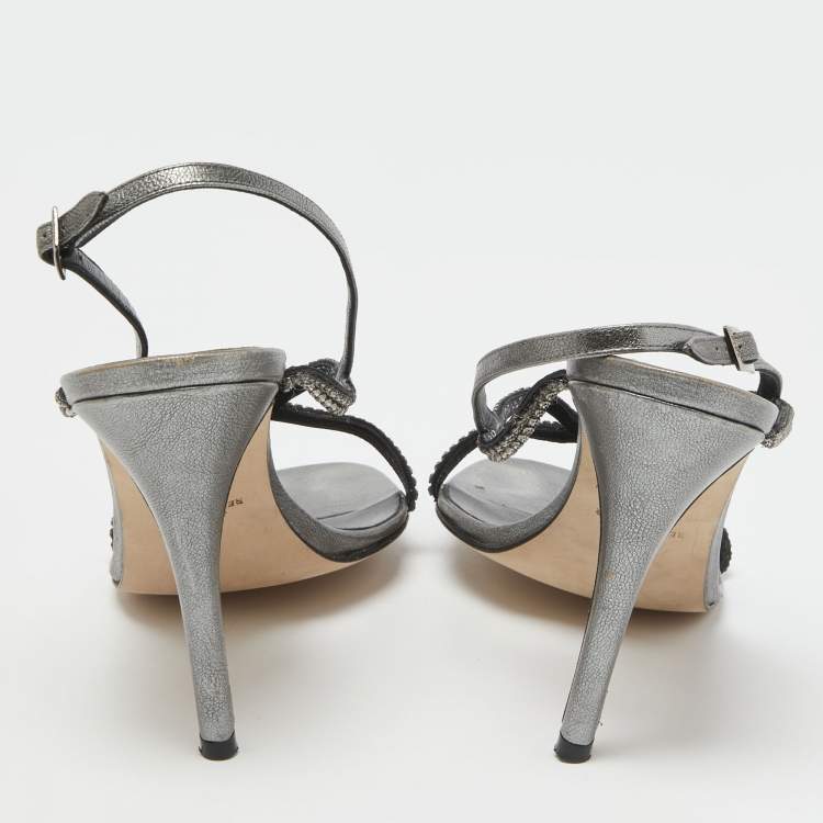 Pre Owned Gina Metallic Grey Leather Crystal Embellished Slingback Sandals Size 39.5