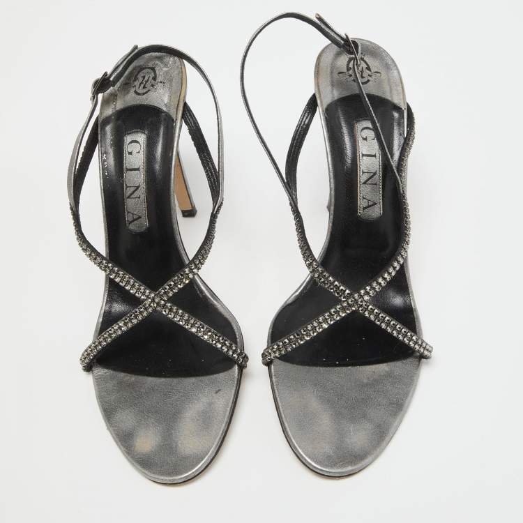 Pre Owned Gina Metallic Grey Leather Crystal Embellished Slingback Sandals Size 39.5
