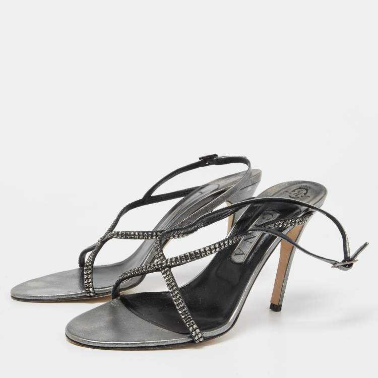 Pre Owned Gina Metallic Grey Leather Crystal Embellished Slingback Sandals Size 39.5