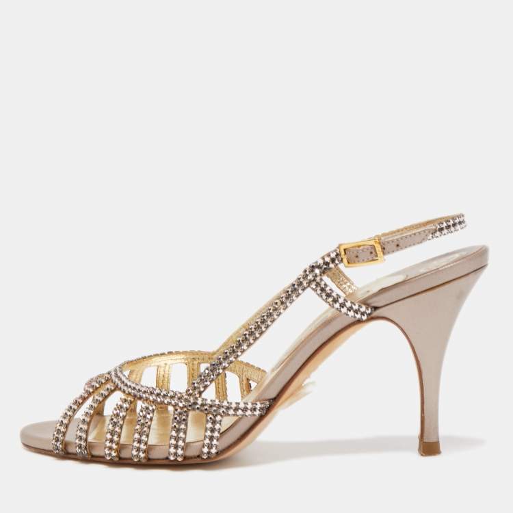 Pre Owned Gina Pink Crystal Embellished Leather Slingback Sandals Size 38