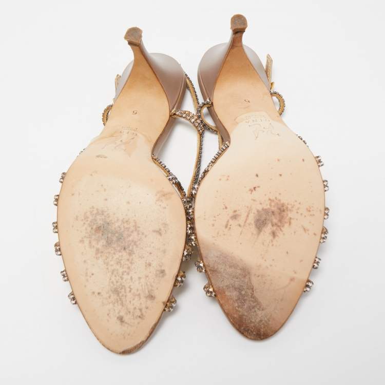 Pre Owned Gina Pink Crystal Embellished Leather Slingback Sandals Size 38