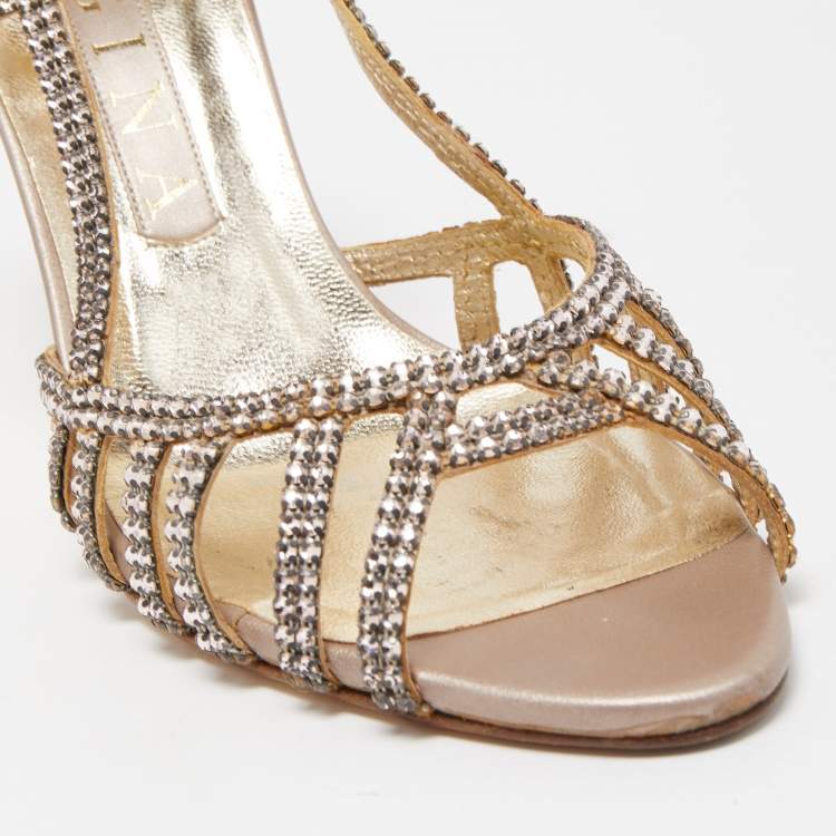 Pre Owned Gina Pink Crystal Embellished Leather Slingback Sandals Size 38