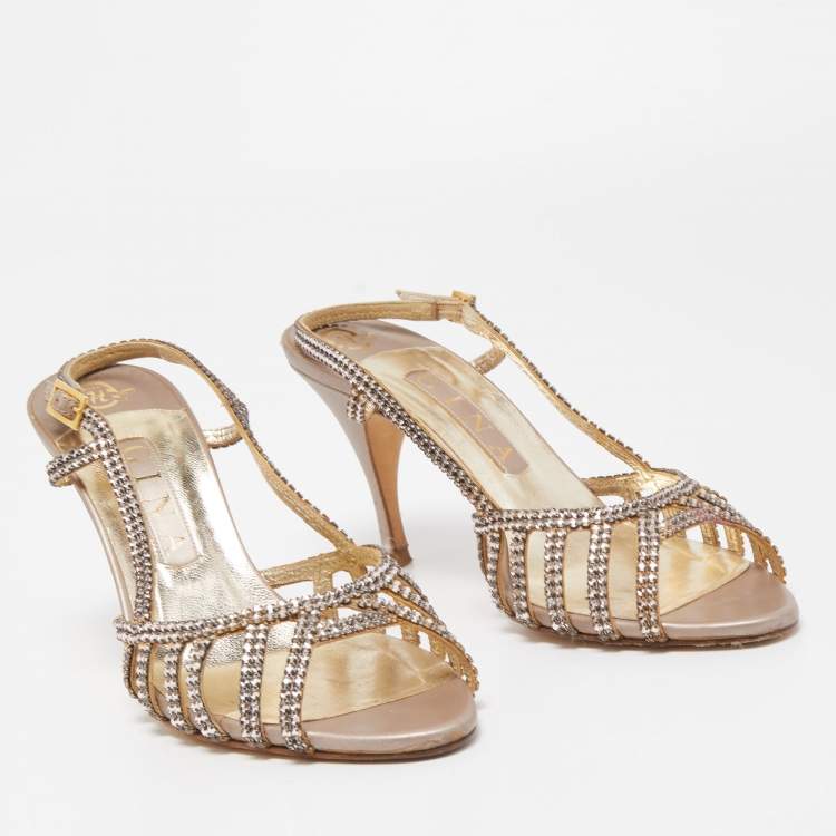 Pre Owned Gina Pink Crystal Embellished Leather Slingback Sandals Size 38