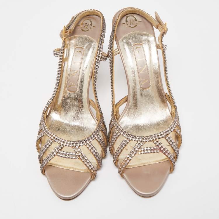 Pre Owned Gina Pink Crystal Embellished Leather Slingback Sandals Size 38