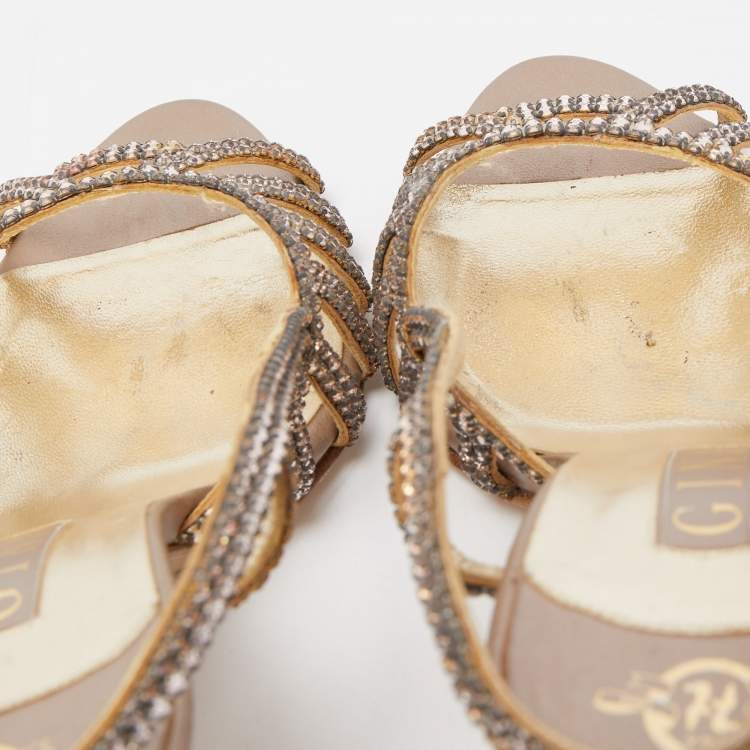 Pre Owned Gina Pink Crystal Embellished Leather Slingback Sandals Size 38