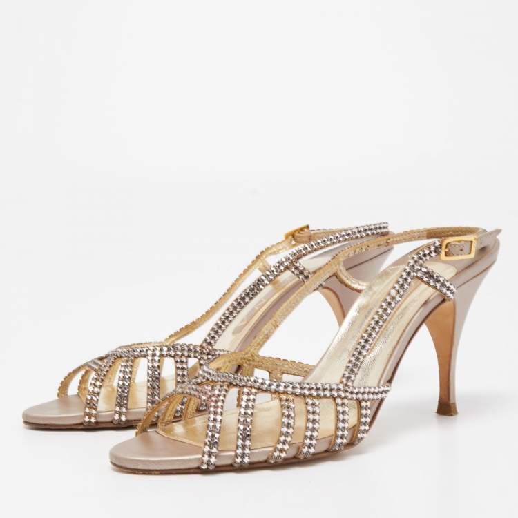 Pre Owned Gina Pink Crystal Embellished Leather Slingback Sandals Size 38