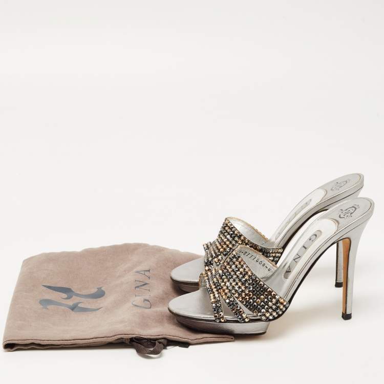 Pre Owned Gina Metallic Silver Leather Crystal Embellished Slide Platform Sandals Size 37