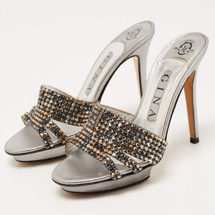 Pre Owned Gina Metallic Silver Leather Crystal Embellished Slide Platform Sandals Size 37
