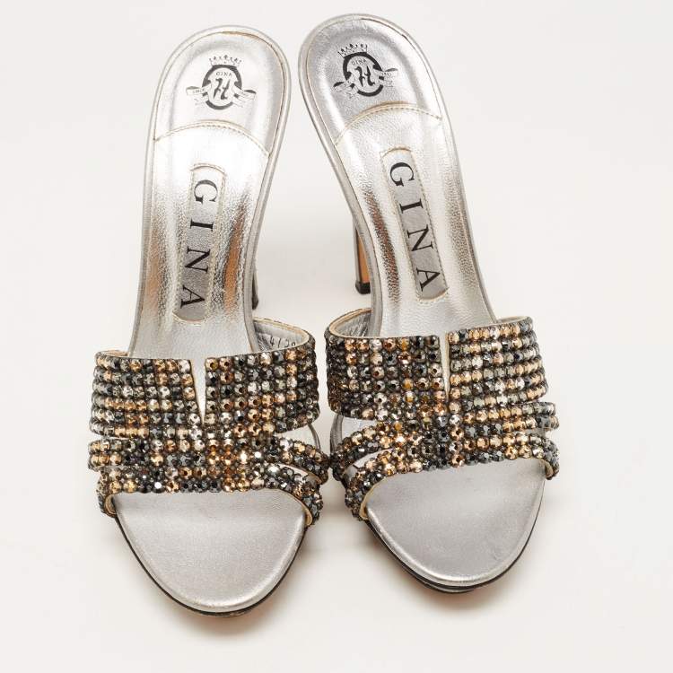 Pre Owned Gina Metallic Silver Leather Crystal Embellished Slide Platform Sandals Size 37