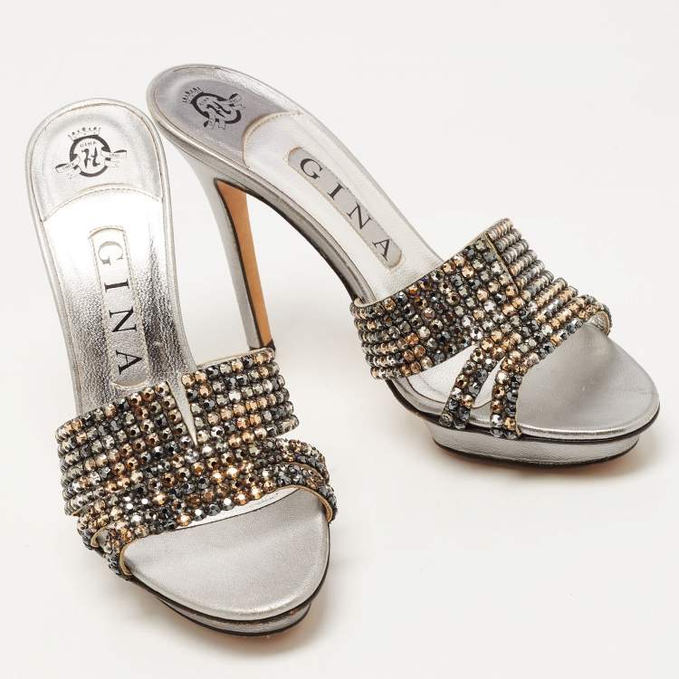 Pre Owned Gina Metallic Silver Leather Crystal Embellished Slide Platform Sandals Size 37