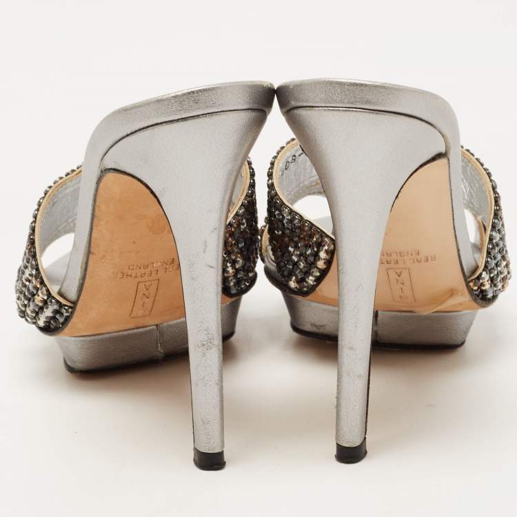 Pre Owned Gina Metallic Silver Leather Crystal Embellished Slide Platform Sandals Size 37