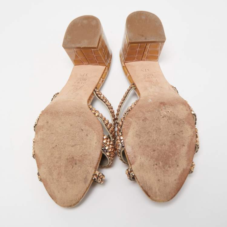 Pre Owned Gina Beige Crystal Embellished Croc Embossed Patent Leather Rodeo Block Heel Slides Size 37.5