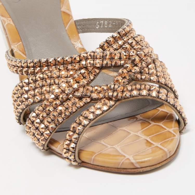 Pre Owned Gina Beige Crystal Embellished Croc Embossed Patent Leather Rodeo Block Heel Slides Size 37.5