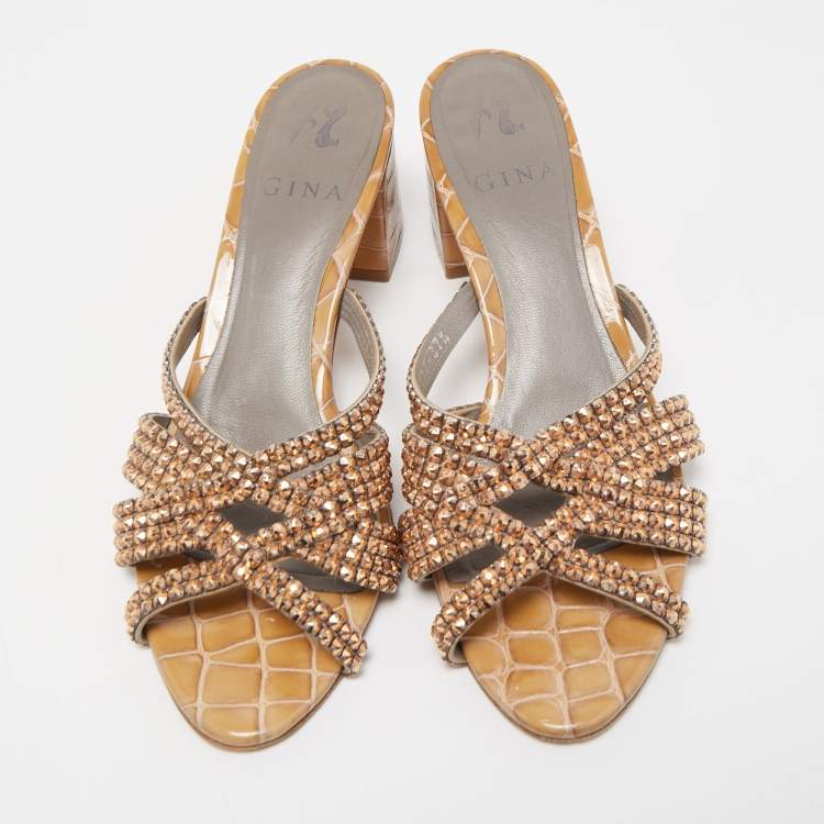 Pre Owned Gina Beige Crystal Embellished Croc Embossed Patent Leather Rodeo Block Heel Slides Size 37.5