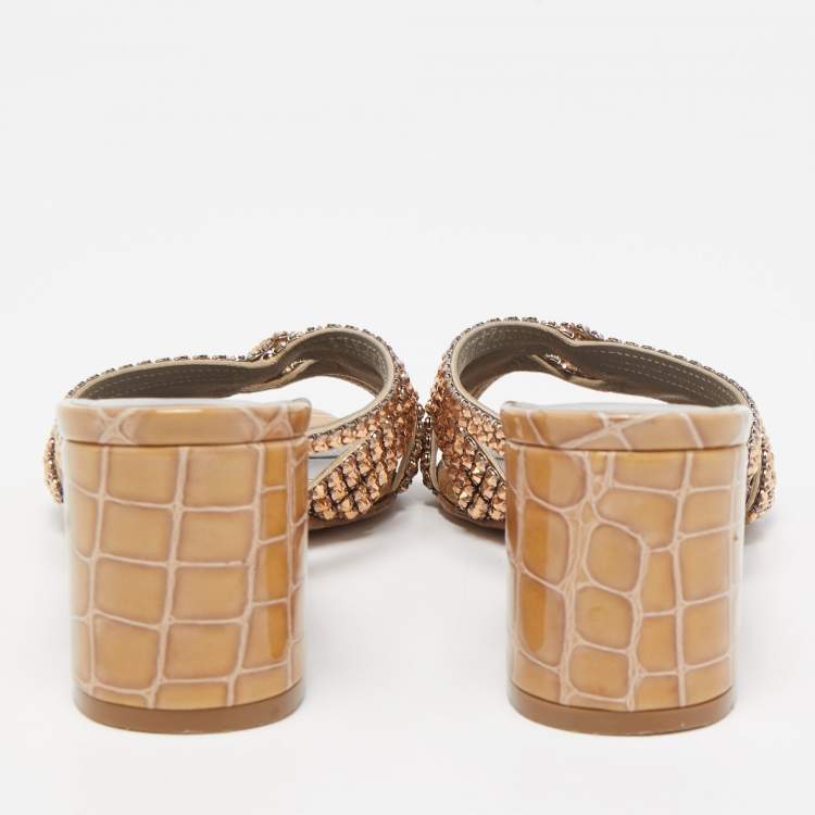 Pre Owned Gina Beige Crystal Embellished Croc Embossed Patent Leather Rodeo Block Heel Slides Size 37.5