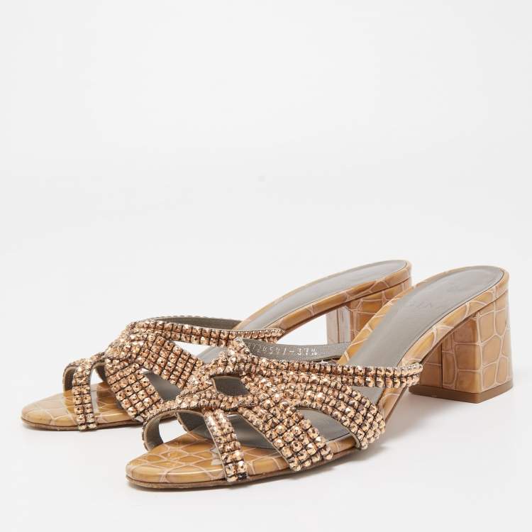 Pre Owned Gina Beige Crystal Embellished Croc Embossed Patent Leather Rodeo Block Heel Slides Size 37.5