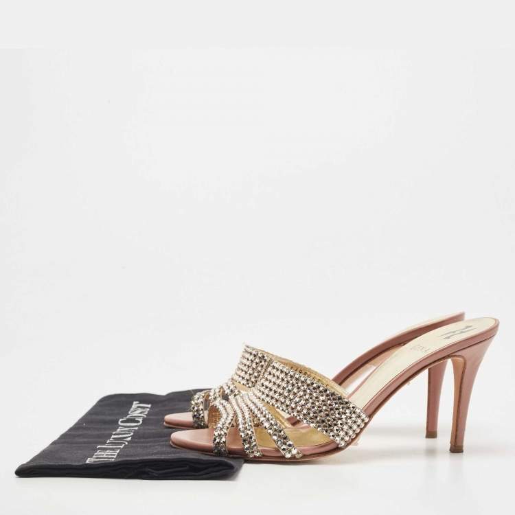 مملوكة مسبقًا Gina Silver/Pink Crystal Embellished Leather Slide Sandals Size 39.5