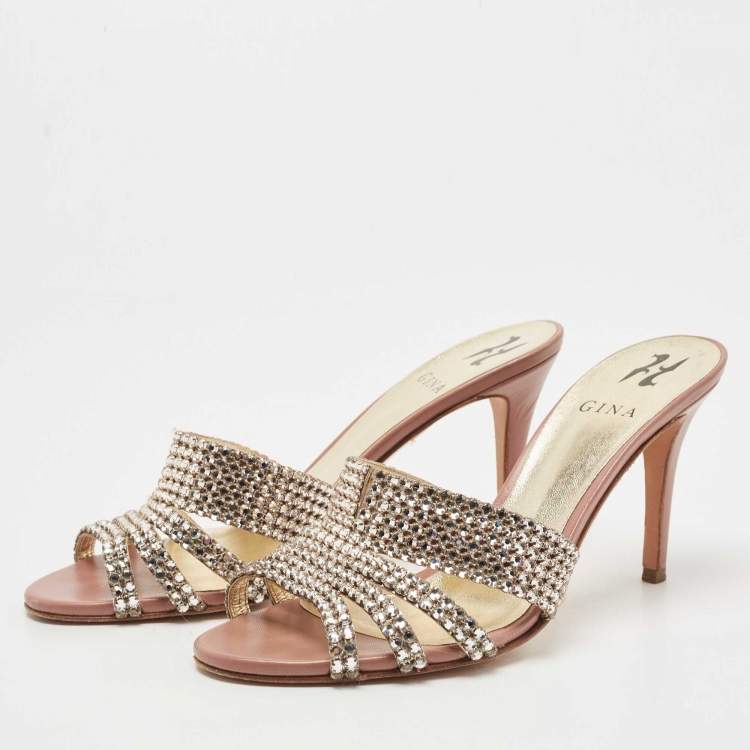 مملوكة مسبقًا Gina Silver/Pink Crystal Embellished Leather Slide Sandals Size 39.5
